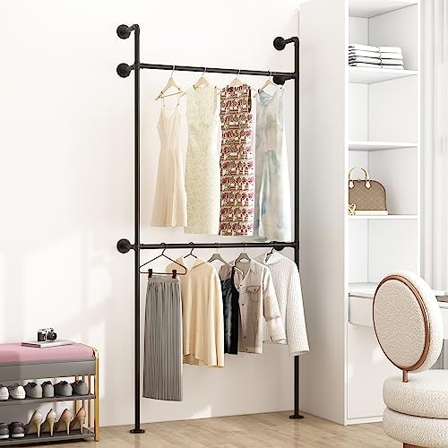 ORSENIGO Industrial Pipe Clothing Rack, Heavy Duty Metal Clothes Rack with Double Rods for Hanging Clothes, Wall Mount Space-Saving Garment Display Rack - Image 2