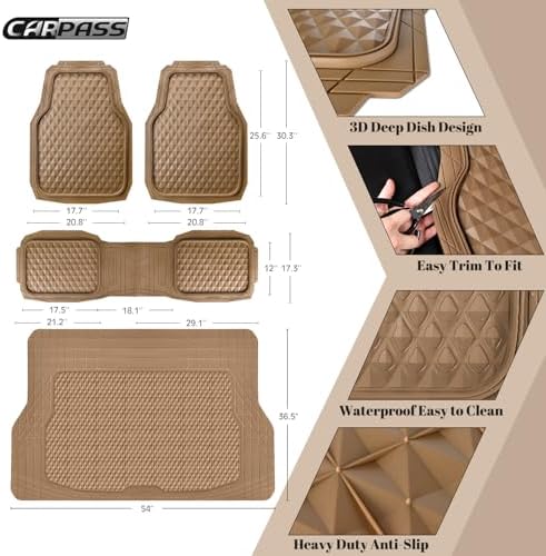 CAR PASS Heavy Duty Rubber Beige Car Floor Mats & Cargo Liners, Deep Dish All-Weather Trunk Mats Durable Anti-Slip 3D Rhombus Waterproof Trim to Fit Liner Universal Fit Auto,Sedan,SUV,Truck, Beige - Image 4