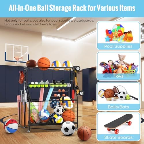 Sports Equipment Garage Organizer - Heavy Duty Garage Organization Ball Storage Rack with Basket, Hooks and Rolling Cart for Sports Gear and Toy Storage, Indoor/Outdoor Use, Black - Image 2