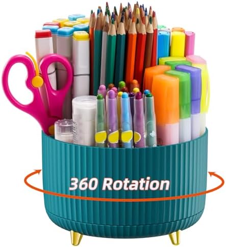 Marbrasse Desk Organizer, 360-Degree Rotating Pen Holder, Desk Organizers and Accessories with 5 Compartments Pencil Organizer, Art Supply Storage Box Caddy for Office, Home（Green） by Marbrasse