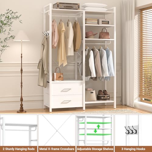 78.7'' Clothes Rack for Hanging Clothes - Reversible Clothing Rack with 2 Drawers, Heavy Duty Garment Racks with Shelves, 6 Tiers Freestanding Portable Closet Wardrobe System with Hanging Hooks, White - Image 6