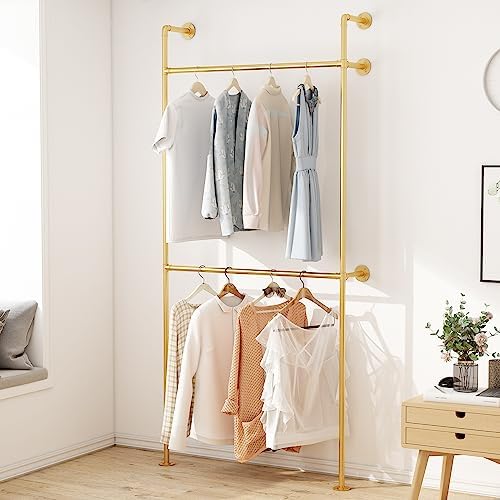 ORSENIGO Industrial Pipe Clothing Rack, Heavy Duty Metal Clothes Rack with Double Rods for Hanging Clothes, Wall Mount Space-Saving Garment Display Rack - Image 3