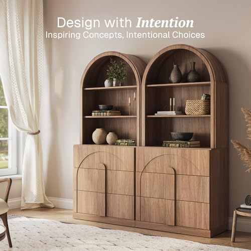 BELLEZE Arched Bookshelf with 3 Drawers Set of 2, 71" Tall Modern Wood Display Cabinet with Hutch, Modern Book Case Shelf with Storage Versatile Cupboard for Living Room Office, Camel - Image 4