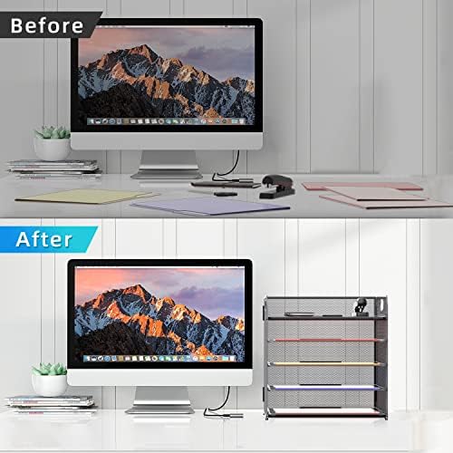 Supeasy 5 Trays Paper Organizer Letter Tray with Handle-Mesh Desk File Organizer, Grey Paper Sorter Desk Organizer for Office, Home or School - Image 5