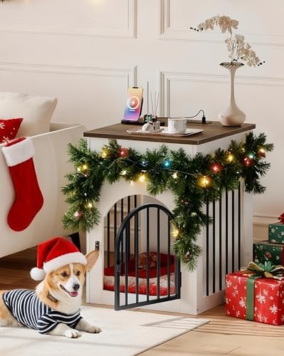 CHOEZON Dog Crate Furniture, Wooden Dog Kennel with Charging Station and Storage Drawer, Indoor Pet Crate End Table for Small Breeds, Dog Cage for Living Room, Bedroom, White and Walnut MGW01UWL - Image 2
