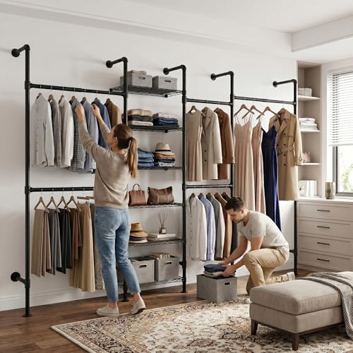 F4 Wall Mounted Closet System, Industrial Pipe Clothing Rack for Hanging Clothes, Heavy Duty Closet Organizer System, Clothes Racks with Shelves & Expandable Rod for Wardrobe, Corner, Black - Image 7