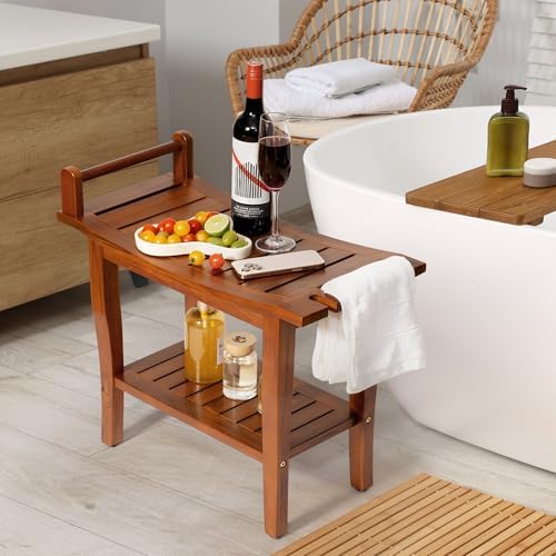 Axeman Premium Teak Shower Bench with Shelf – 24" 2-Tier Waterproof Shower Stool for Bathroom, Elderly & Shaving | Heavy-Duty 350lbs Capacity, Indoor & Outdoor Use - Image 3