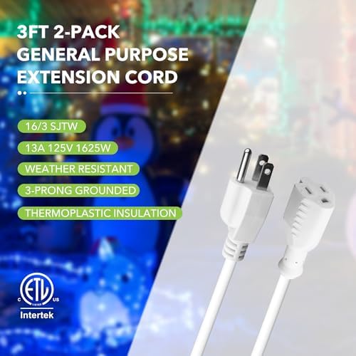 BN-LINK 3 Ft Outdoor Extension Cord 16/3 SJTW General Purpose Power Cord, 3 Prong Grounded Plug, 13-Amp, Black, for Lawn, Garden, Appliances, 3 Pack - Image 4