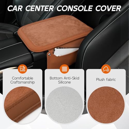 SINGARO Car Leather Center Console Cover with 2 Storage Bags, Universal Furry Fluffy Car Armrest Seat Box Pad, Comfortable Car Interior Accessories, Fits for Most Vehicles (Orange) - Image 3