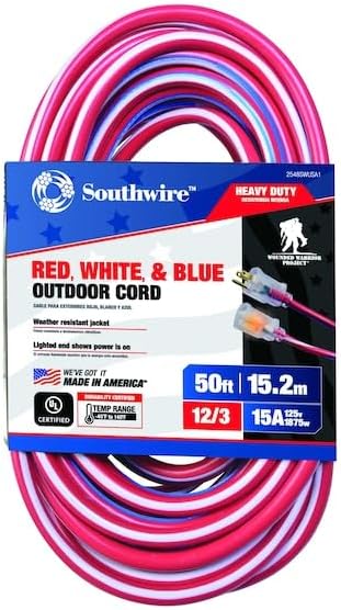 Southwire Heavy Duty Extension Cord, 50Ft, 12 Gauge, 3 Conductor, Outdoor Cord, Lighted End, SJTW, Red/White/Blue, 2548SWUSA1 - Image 3