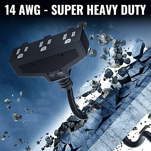 Outdoor Extension Cord 4 Ft with 3 Outlets, 14/3 SJTW 3 Prong Grounded Power Cord, 14 Gauge 14AWG Heavy Duty Power Cable, ETL Listed, 15 Amp 125 V 1875 W-Multiple Outlets for Indoor/Outdoor-Black - Image 4