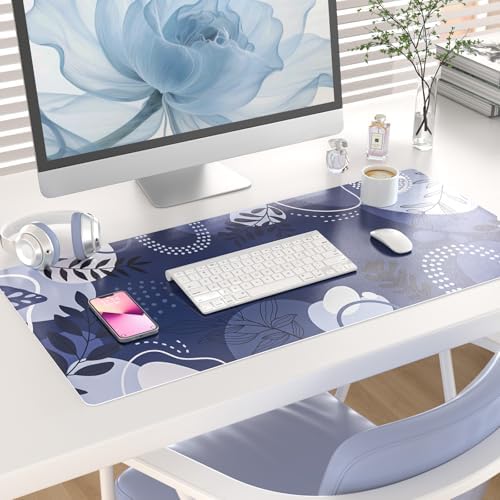 Colorful Star Large Mouse Pad, Botanical Desk Mat Office Supplies, Waterproof Faux Leather Big Gaming Mousepad, Blue Tropical Plants Desk Pad Home Office Décor Accessories 31.5" x 15.7" - Image 2