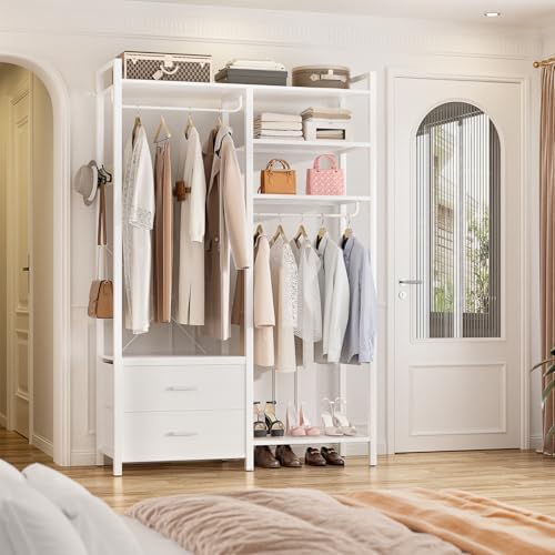 Besiost 78.7'' Clothes Rack for Hanging Clothes - Reversible Clothing Rack with 4 Drawers, Heavy Duty Garment Racks with Shelves, 6 Tiers Freestanding Portable Closet Wardrobe System, Set of 2 White - Image 5