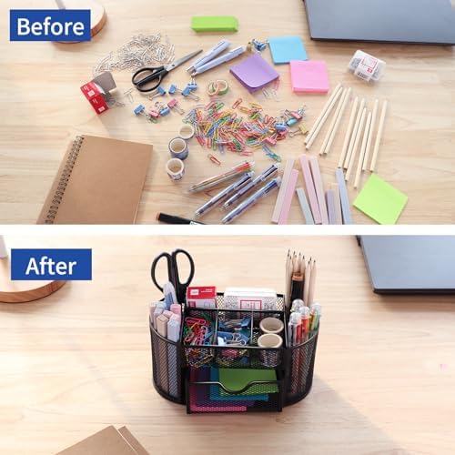 EOOUT Desk Organizer Black Mesh Pencil Holder 8 Compartments 1 Drawer - Image 5