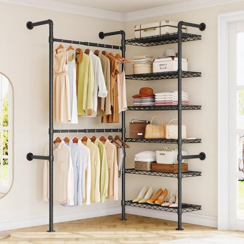 ONBRILL H2 Wall Mounted Clothing Rack, Expandable Industrial Pipe Clothes Rack Garment Racks for Hanging Clothes, Heavy Duty Closet Organizers and Storage in Closet System, Black - Image 3