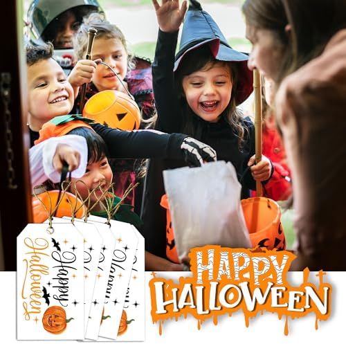 Halloween Paper Gift Tags with String-50Pcs, Happy Halloween Cute Pumpkin Tags for Goodie Bags, 2 x 3.5 Inch Waterproof Hanging Labels for Decoration Party Supplies, Gift Wrapping, DIY Crafts-B03 - Image 6