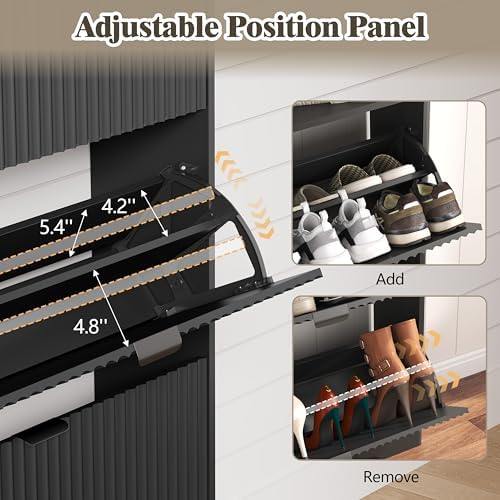 Shoe Cabinet Storage for Entryway with 4 Flip Drawers, Fluted Narrow Shoe Organizer with Wooden Legs & Top Cubby, Freestanding Slim Shoe Storage Hidden Shoe Rack for Front Door Entrance, Black - Image 4