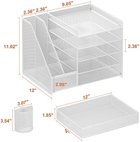 Marbrasse Desk Organiser with File Holder, 5-Tier Paper Letter Tray Organiser with Drawer and 2 Pen Holder, Mesh Desktop Organizer and Storage with Magazine Holder for Office Supplies(White) - Image 6