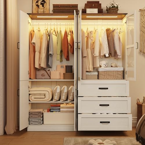 75" Tall Farmhouse 4 Doors Armoire Wardrobe Closet with 3 Drawers and LED,Freestanding Closet Wardrobe Cabinet for Bedroom with Hanging Rod,Wooden Armoire Storage Cabinet Adjustable(Rustic Off White) - Image 4