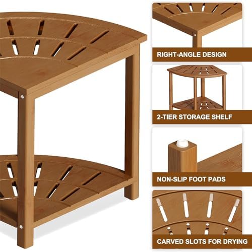 Bamboo Shower Bench with Storage Shelf Waterproof Corner Shower Stool for Shaving Legs Compact Size (15 * 13in) - Image 6