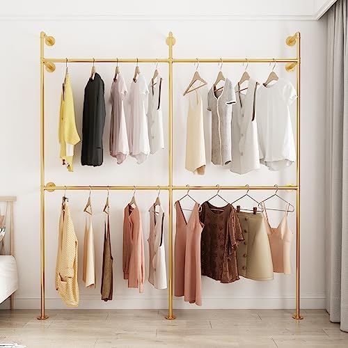ORSENIGO Industrial Pipe Clothing Rack, Heavy Duty Metal Clothes Rack with Double Rods for Hanging Clothes, Wall Mount Space-Saving Garment Display Rack by ORSENIGO