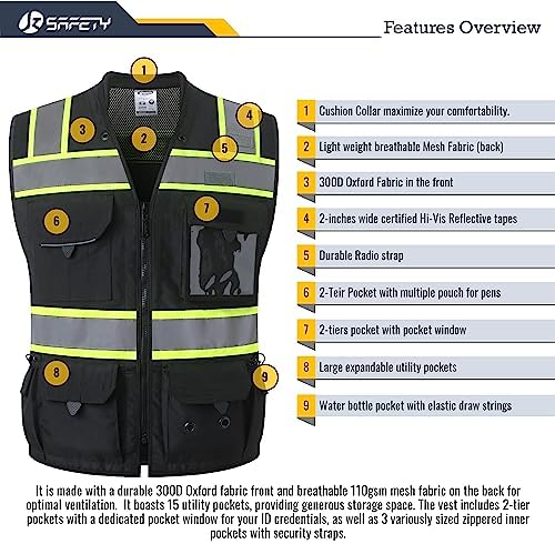 JKSafety Hi-Vis Unisex Surveyor Safety Vest Heavy Duty PPE Inner Pockets ANSI/ISEA Compliant - Image 6