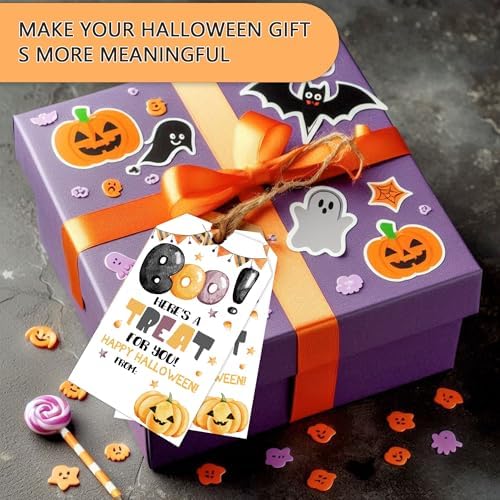 Halloween Paper Gift Tags with String-50Pcs, Here is A Treat for You Happy Halloween Tags for Goodie Bags, 2 x 3.5 Inch Writable Waterproof Hanging Labels for Decor Party Supplies, Gift Wrapping-B04 - Image 4