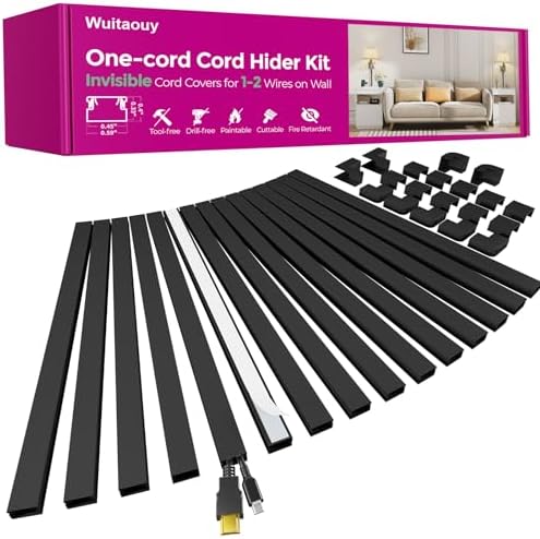 Black Cord Hider, 212.6in Cord Covers for 1-2 Wires on Wall, Paintable Cable Hider, Wire Hider Wire Covers for Cords on Walls, Easy Set-up Cable Raceway Management to Hide Cords, W0.59 H0.4in, Black by Wuitaouy