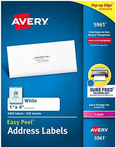 Avery Easy Peel Printable Address Labels with Sure Feed, 1" x 4", White, 5,000 Blank Mailing Labels (05961) by Avery