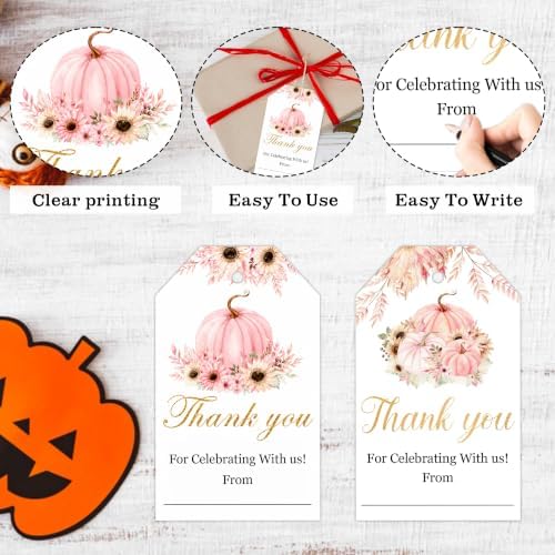 Pink Pumpkin Fall Gift Tags with String, 50PCS Thanksgiving Hanging Tags for Gift Wrapping, Autumn Harvest Thank You Labels for Friendsgiving, Party Favors, Bakery Packaging, DIY Crafts - A05 - Image 3