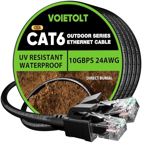 Cat 6 Outdoor Ethernet Cable 50 ft, 24AWG 10Gbps Cat6 Cable Cord Waterproof Direct Burial LLDPE UV Jacket, Internet Network Cable with 20 Ties Support POE Cat6 Cat5e Cat5, CCA, UTP for PC by EthernetCable