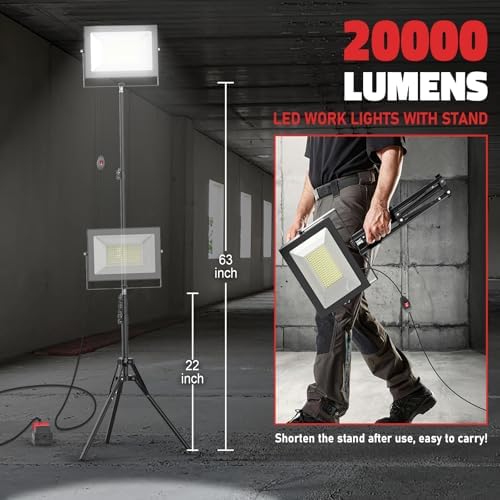 LIVOWALNY 200W LED Work Lights with Stand Compatible with Milwaukee Battery, 2PCS 20000LM Portable Tower Light IP66 Waterproof with 13FT Cord, Foldable Tripod Floodlight Garage Job Site(Tool Only) - Image 5