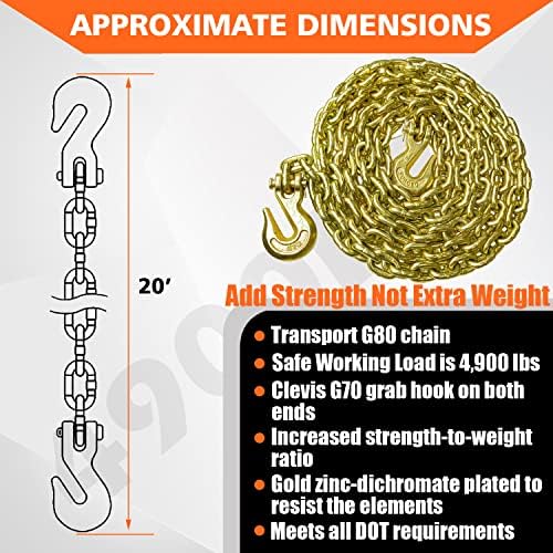 YATOINTO G80 Transport Binder Chain 5/16 Inch x 20 Foot Safety/Binder Chain with Clevis Grab Hooks 4,900 lbs Safe Working Load Logging Chain for Transporting Towing Tie Down Binding Equipment - Image 6