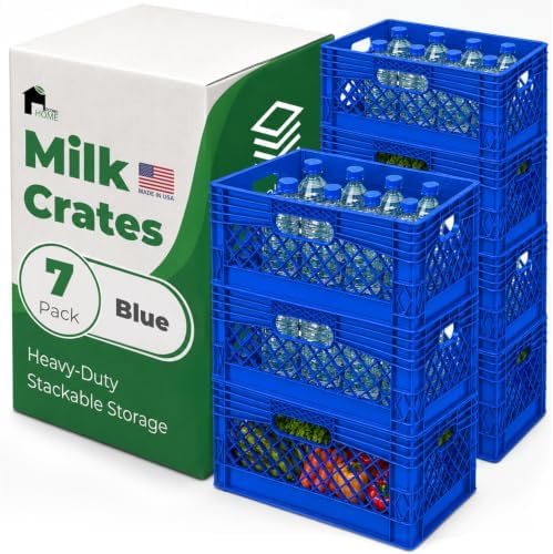 EconoHome Milk Crate - Stackable Storage Crate with Built-In Handles - Heavy Duty Plastic Material - Ventilated Organizer Bin for Garage, Pantry, Classroom, Office & Moving - Blue, 19x13x11, 7-Pack by EconoHome