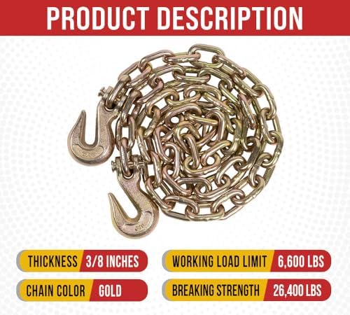 3/8 Inch x 6 FT Grade 70 Binder Chain with Clevis Grab Hooks - G70 Transport Tow Chain - 6,600 Lbs Working Load Limit - Image 4