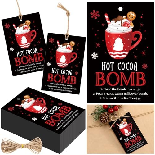 Gersoniel 200 Pcs Christmas Hot Coco Bar Supplies Christmas Hot Chocolate Bomb Instruction Tag Card 3.5 x 2.3 Inch Bomb Supplies Packaging Gift Tag with Instruction for Xmas Holiday Winter(Tree) by Gersoniel