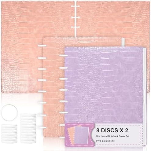 2 Pack PU Leather 5.5x8.5in Discbound Notebook Cover And Disc Set Discbound Planner Cover With 16 Pcs Expansion Discs Junior Size Disc Bound Notebook Accessories(Pink&Purple，No Inner Paper) by SKLENICE