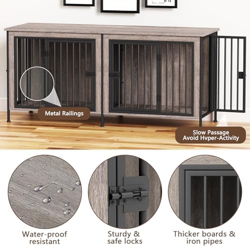 EasyCom 78.74" Dog Crate Furniture for 1 or 2 Dogs, 35-60 Pounds, Oak Grey - Image 6