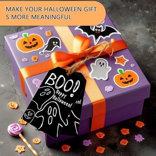Black Halloween Paper Gift Tags with String-50Pcs, Happy Halloween Cute Ghost Boo Tags for Goodie Bags, 2 x 3.5 Inch Writable Waterproof Hanging Labels for Decor Party Supplies, Gift Wrapping-B09 - Image 4