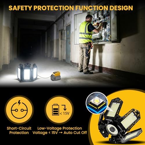 LED Work Light Compatible with Dewalt 20V Battery - 68W 6800LM Ceiling Flood Light 6+1 Deformable Panels Garage Light with Type-C & USB-A, Emergency Camping Light for Shed, Workshop, Job Site - Image 5