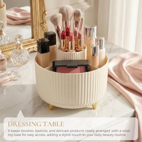 KONVINIT Pencil Pen Holder for Desk, 5 Slots 360 - Degree Rotating Desktop Organizer, Cute Desk Organizers and Accessories for School, Home, Office and Art Supply, Beige - Image 7