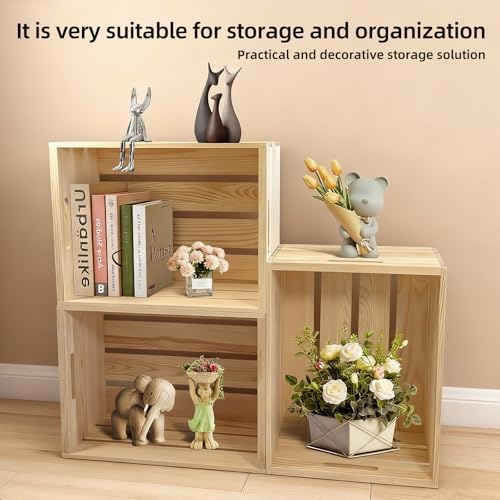 Large Wooden Crates with Handles, Natural Solid Pine Wood Crates for Storage, Decor, Wooden Milk Crate for Farmhouse, Vinyl Record Storage Crate (1) - Image 4