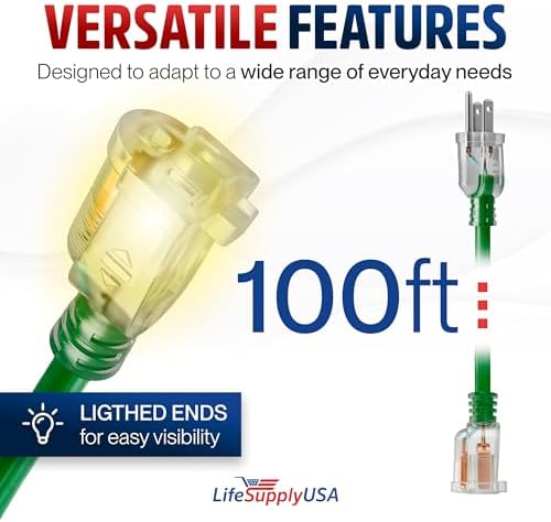 100ft Outdoor/Indoor Extension Cord 14/3 Gauge Heavy Duty 3 Prong SJTW, Waterproof, Flexible Cold-Resistant Long Power Cord,13A 125V 1625W, Green by LifeSupplyUSA - Image 6