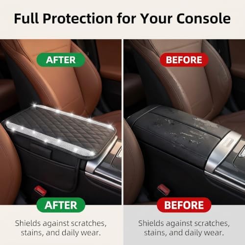 Sparkly Car Center Console Cover, Premium Rhinestone Armrest Cover for Car Center, Microfiber Leather Auto Arm Rest Cushion with Side Storage Pockets, Universal for Most Vehicles (Silver) - Image 4
