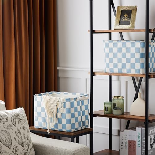 Ohocut Blue White Checkered Canvas Basket, Rectangular Organizing Decorative Storage Basket for Kids Dog Toy, Cute Aesthetic Race Cars Boy Room Decor for Home, Kitchen, Bedroom, Classroom, Shelves - Image 3