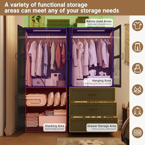 75" Tall Farmhouse 4 Doors Armoire Wardrobe Closet with 3 Drawers and LED,Freestanding Closet Wardrobe Cabinet for Bedroom with Hanging Rod,Wooden Armoire Storage Cabinet with Adjustable shelve(Black) - Image 6