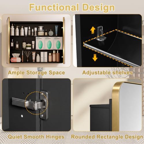 32x24 in Brushed Gold Double Door Medicine Cabinet with Mirror, Gold - Image 3