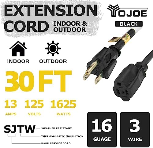 YOJOE Indoor Outdoor Extension Cord, 3 Prong 13A Weatherproof Power Cord, 16 Gauge Heavy Duty 30 ft Black Extension Cord for Garage, Garden and Home, 16/3 SJTW UL Certified - Image 2