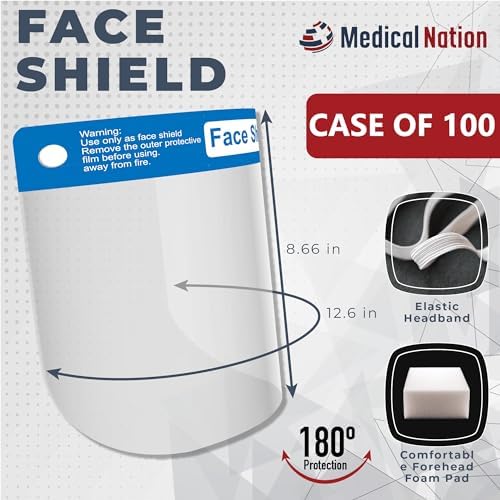 Medical Nation 100 Pack Face Shields | Clear Plastic Face Shield for Women, Men & Kids, Anti-Fog, Lightweight Reusable Full Face Shield Mask, Safety Visor Cover with Comfortable Sponge & Elastic Band - Image 2