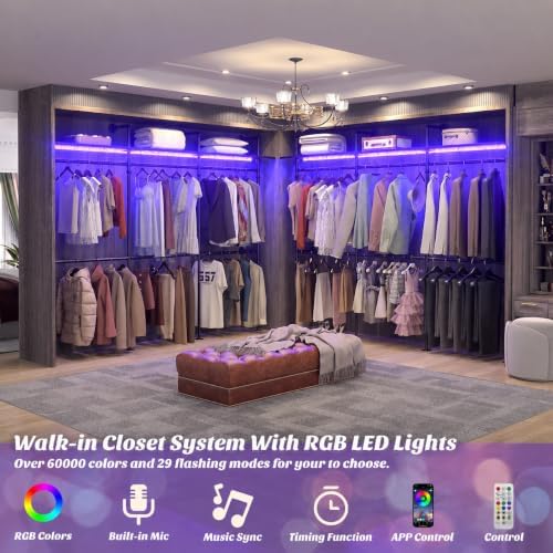 Besiost 118" Industrial Pipe Clothing Rack with RGB LED Lights, Heavy Duty Wall Mounted Closet System with Shelves, Reversible L-Shaped or Straight Garment Rack for Walk-in Closet & Bedroom, Black - Image 6